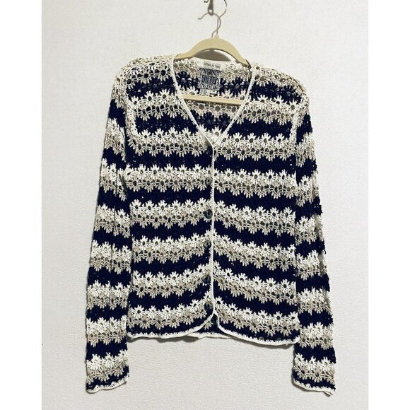 Curio Cardigan Sweeater Womens Medium Crochet Daisy Button Up Linen Blend Boho - Picture 1 of 7